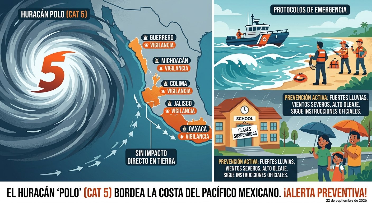 El huracán Polo se fortalece a categoría 5 y avanza en paralelo a la costa del Pacífico mexicano