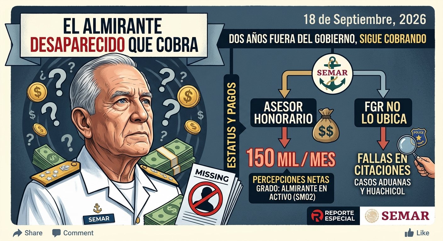 Exsecretario de Marina percibe sueldo de 150 mil pesos mensuales pese a que la FGR declara no localizarlo