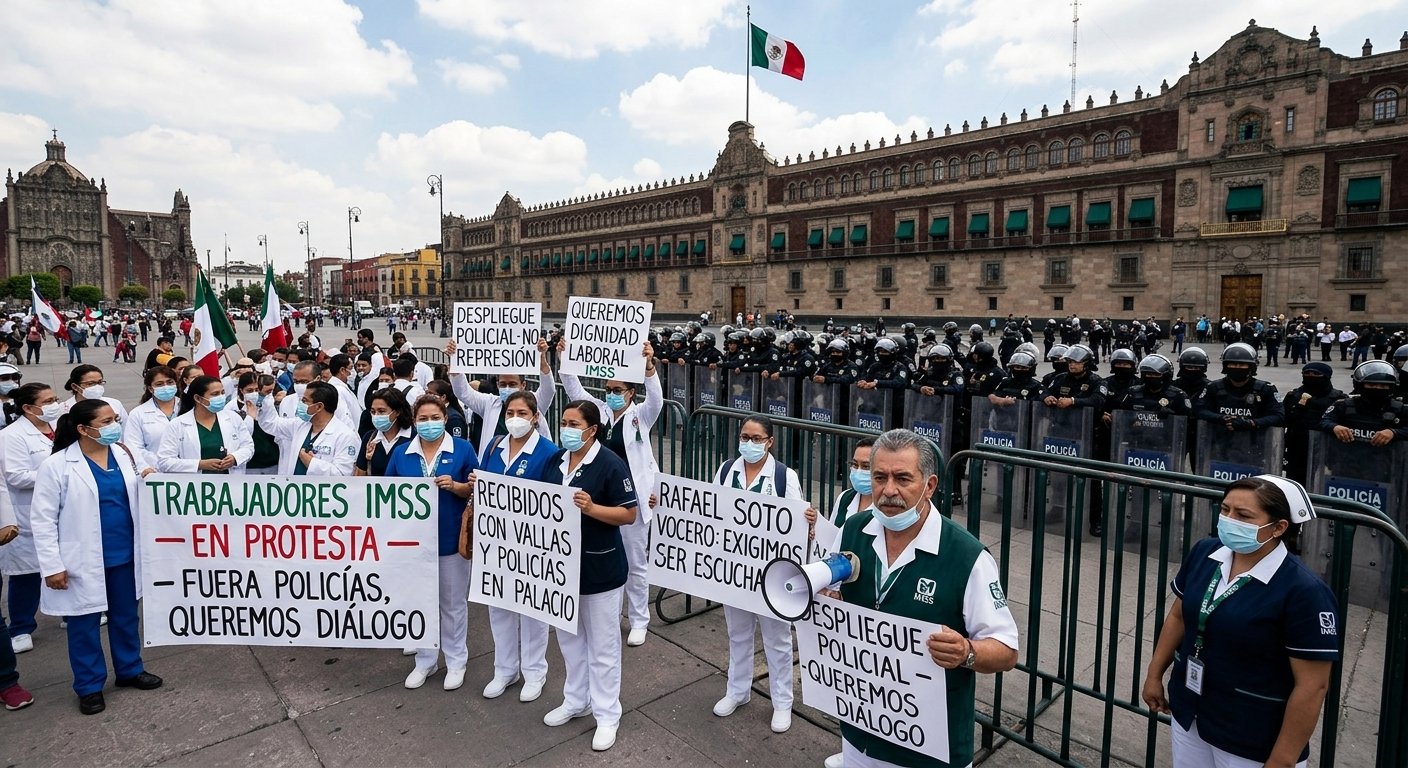 Trabajadores del IMSS denuncian cerco policial y vallas en Palacio Nacional durante protesta