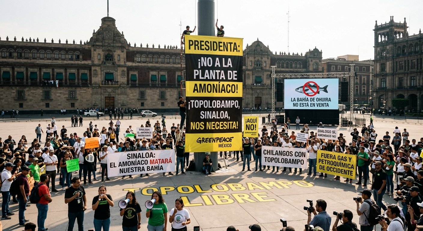 Protestan en el Zócalo contra planta de amoníaco en Topolobampo; Sheinbaum condiciona decisión a consultas indígenas