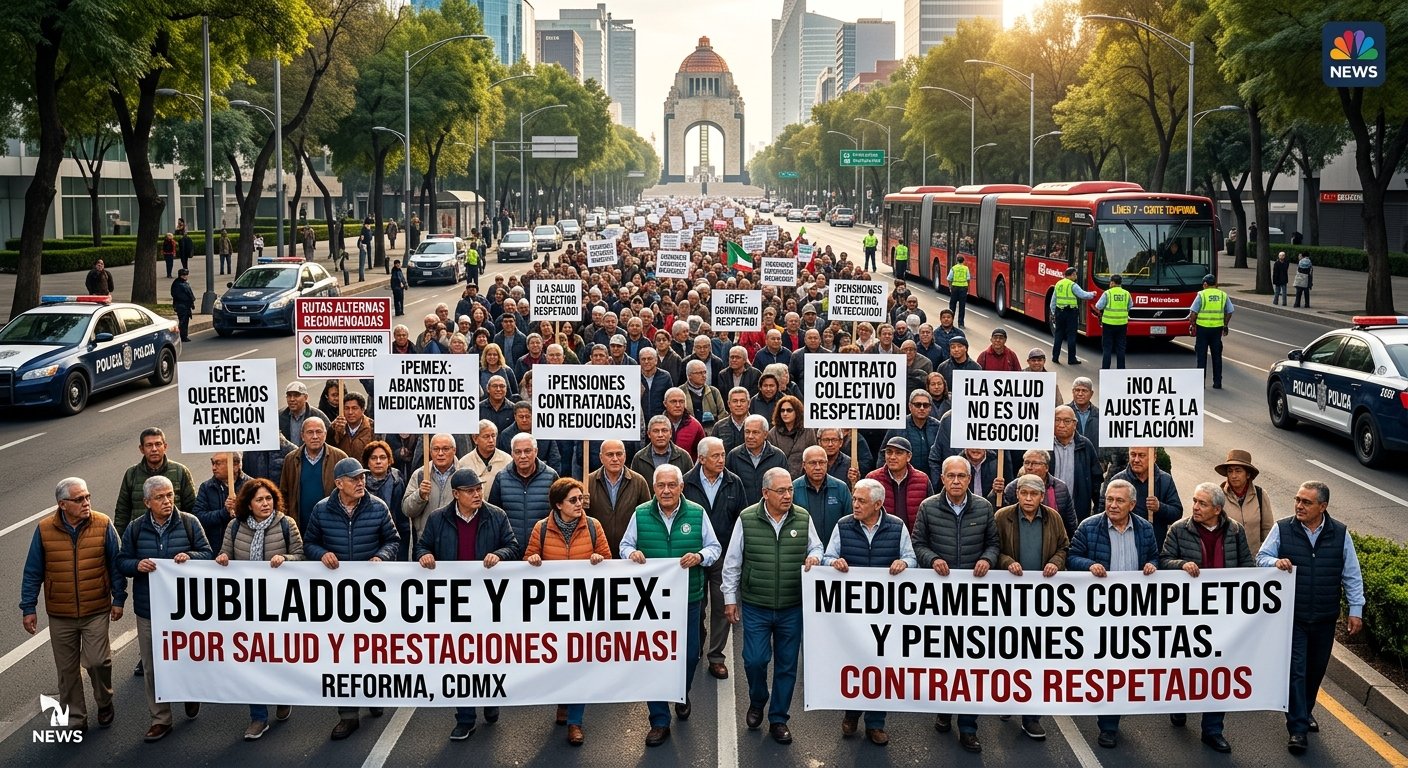 Exempleados de Pemex y CFE paralizan el corredor Reforma en reclamo de prestaciones y ajustes pensionales