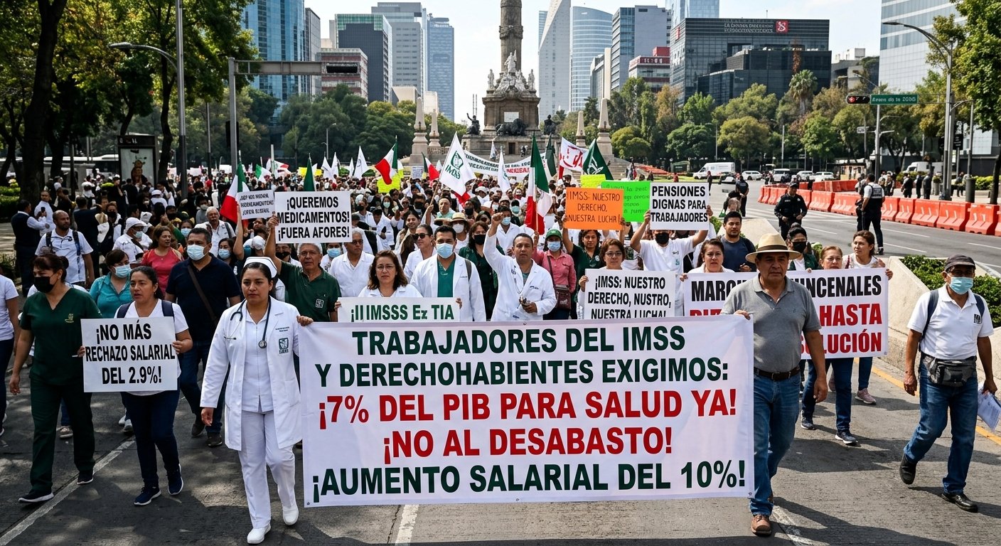 Trabajadores del IMSS y derechohabientes masifican protestas; exigen destinar el 7% del PIB a la salud pública